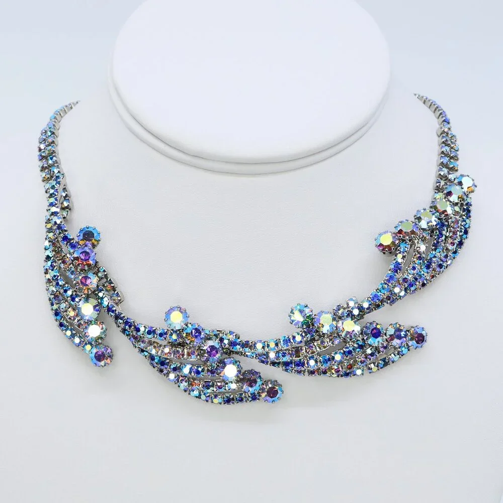 Vintage Rare Hobé Blue AB Rhinestones Sculptural‎ Spray and Waves Necklace 1950s